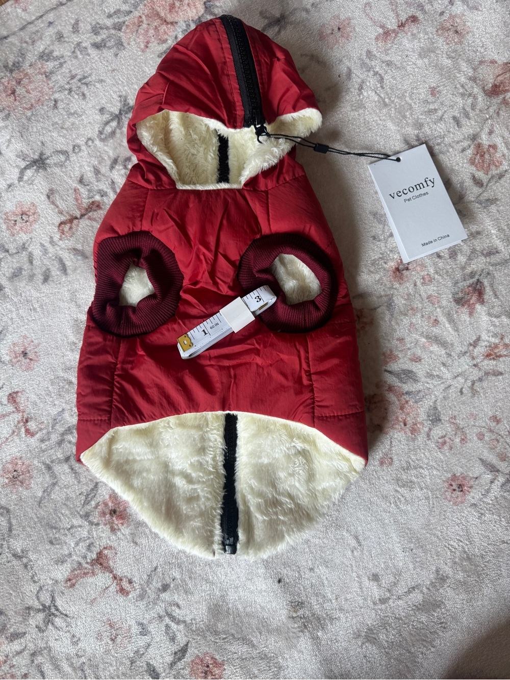 Red Faux-Fur Lined Dog Puffer Jacket with Hood, Small